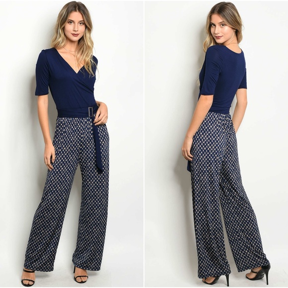 Navy Jersey Color Block Belted Jumpsuit - Picture 1 of 4